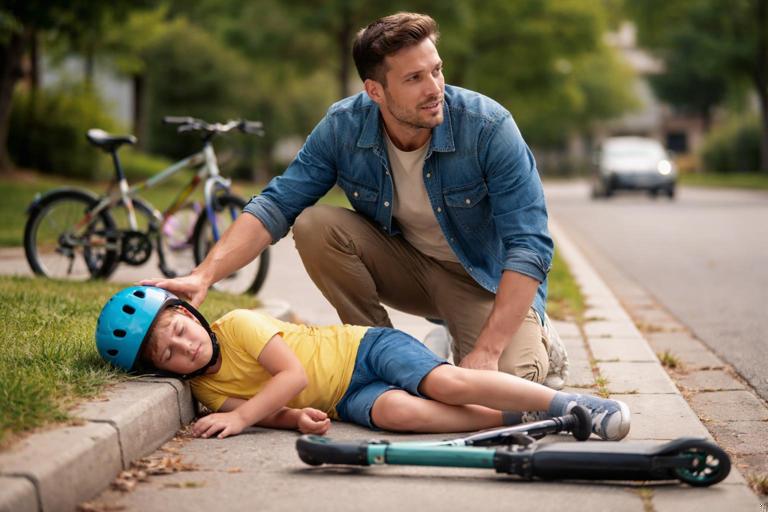 Realistic daylight photo illustration of a suburban street curb where a child wearing a scooter helmet lies on the sidewalk after a fall; an adult kneels nearby while scanning for traffic, standing between the child and the road; a few bicycles in the background; calm, instructional first-aid tone, no visible blood, natural colors, shallow depth of field.