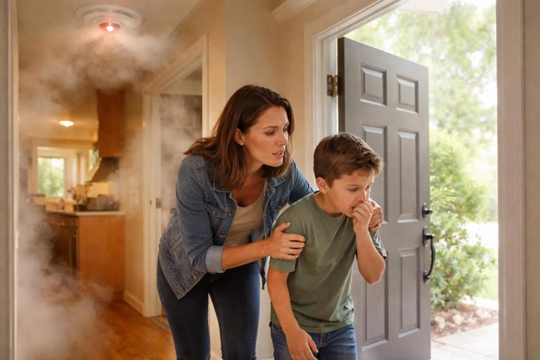 Realistic indoor home scene with a smoke alarm sounding; light smoke near a kitchen doorway; an adult guiding a coughing child away toward an open door with fresh air; emphasis on evacuation and safety, no visible flames, warm natural lighting, instructional first-aid photo style.
