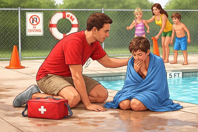 Realistic poolside scene in daylight: an adult rescuer kneeling on the pool deck beside a coughing child wrapped in a towel; other children kept back; wet pool edge and safety signage visible; calm emergency-response mood, no graphic detail, instructional first-aid illustration style.