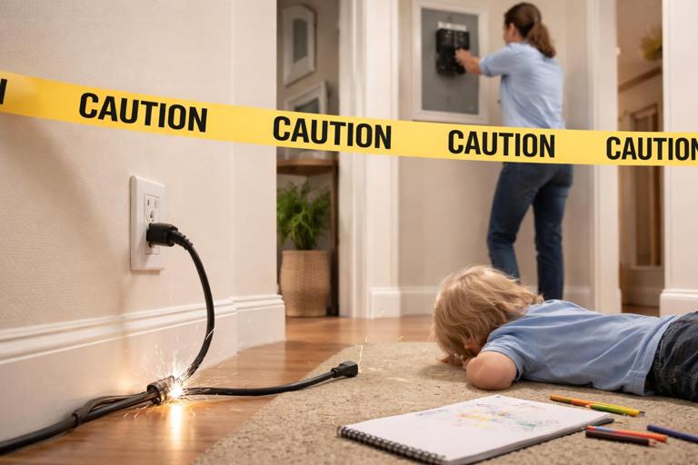 Realistic home interior scene: a frayed electrical cord near a wall outlet; a child lying nearby; an adult stands back reaching toward a circuit breaker panel in the hallway, indicating power shutoff; caution tape or visual distance emphasized; no visible burns, instructional safety tone.