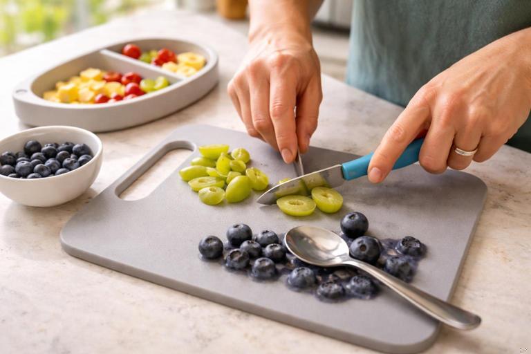 Close-up, realistic kitchen counter scene showing a caregiver cutting grapes lengthwise into quarters and flattening blueberries with a spoon; child-safe knife, cutting board, small bowl; bright natural light; instructional, documentary-style photo; no text.