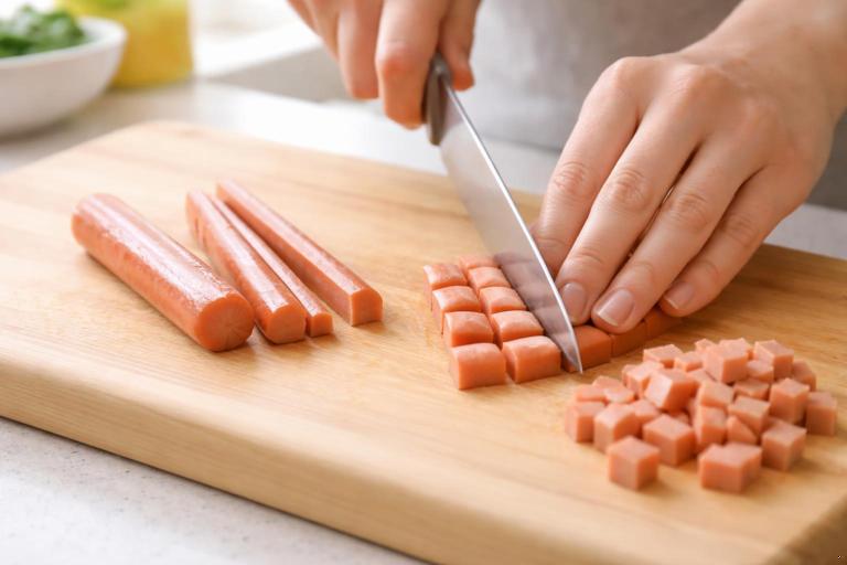 Realistic close-up of a cutting board with a hot dog being sliced lengthwise into quarters, then into small pieces; a caregiver’s hands demonstrating safe cuts; kitchen background softly blurred; bright natural light; instructional photo; no text.