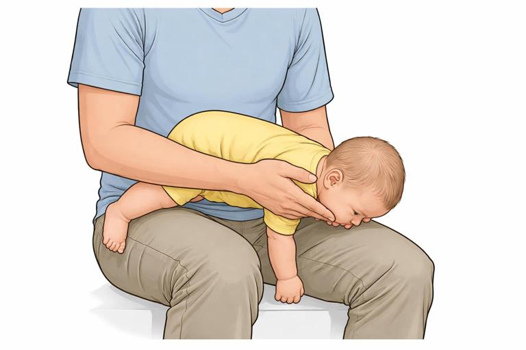 Illustration for a first-aid guide: an adult seated with an infant positioned face-down along the forearm resting on the thigh, the infant’s head lower than the body, one hand supporting the jawline and head and neck; clear, calm instructional style, neutral background, no text, no blood, realistic proportions.