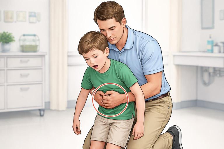 Instructional illustration: adult rescuer standing or kneeling behind a child, arms around the upper abdomen, showing correct fist placement above the navel and below the breastbone, neutral clinic or school setting, clear anatomy landmarks, no text, calm realistic style.
