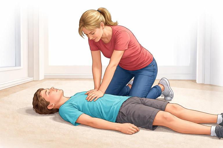 Instructional first-aid illustration: rescuer performing chest compressions on an unresponsive teen or child lying on the floor, correct hand position on the center of the chest, straight arms, neutral indoor setting, no text, no gore, realistic proportions.
