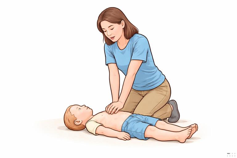 Illustration for a pediatric CPR training guide: a calm rescuer kneeling beside a child mannequin on a firm floor, hands positioned on the center of the chest, counting out loud; minimal background, clear instructional style, soft neutral colors, high readability, no text on image.