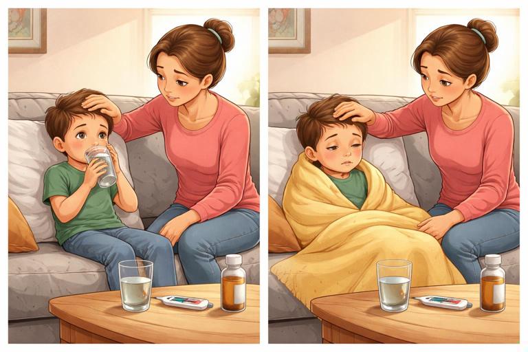 Illustration for a pediatric home-care guide: a parent calmly monitoring a child on a couch, one side showing a child drinking water and looking alert, the other side showing a child looking drowsy with dry lips; thermometer and water cup on a nearby table; warm, reassuring, realistic style; no text.