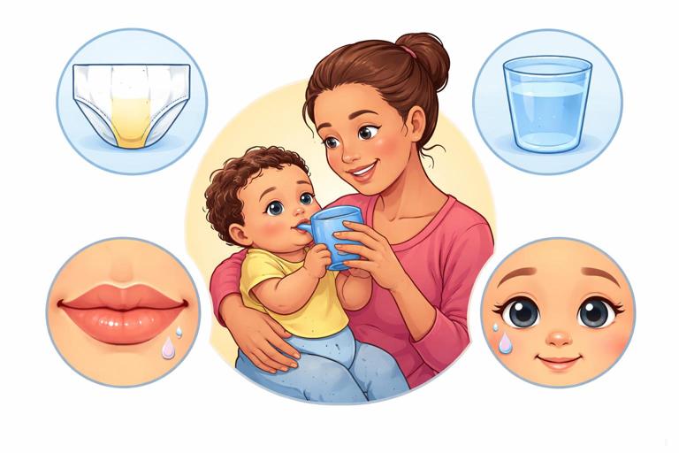 Educational medical illustration: a simple visual checklist of child hydration signs (wet diaper icon, water cup, moist lips, tears, alert eyes) arranged around a parent offering small sips; clean, friendly, realistic style; no text.