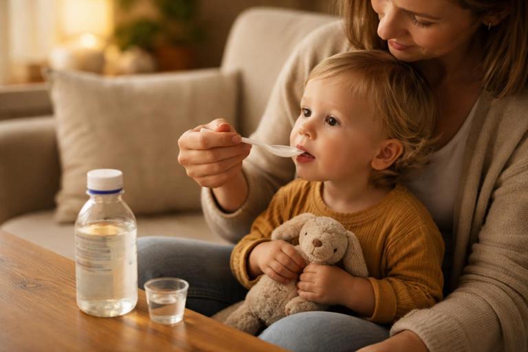 Realistic parenting scene: caregiver offering a small spoonful of oral rehydration solution to a toddler on a sofa; measuring spoon and ORS bottle visible; calm, warm home lighting; focus on small frequent sips; no text.