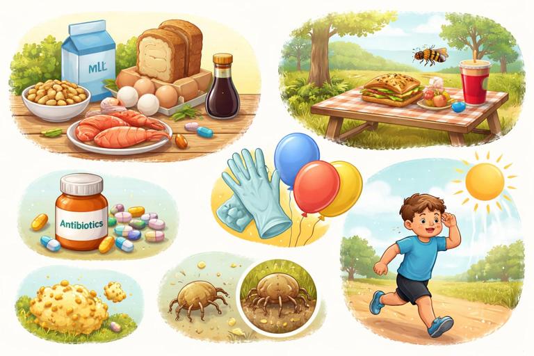 Illustration of common allergy triggers in everyday settings: a kitchen table with peanuts, milk, egg, wheat bread, soy sauce, fish and shellfish; a picnic area with a bee and wasp nearby; a medicine bottle labeled antibiotics; latex gloves and balloons; pollen and dust mites symbol; a child running in the heat. Clean educational style, warm colors, no text.