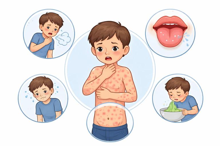 Educational infographic-style illustration showing anaphylaxis danger signs in a child: breathing trouble (wheeze/cough, throat tightness), swelling of lips/tongue, pale/gray skin and faintness, vomiting and severe belly pain, widespread hives. Simple icons around a central child figure, clean medical style, no text.