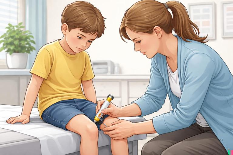 Illustration of a caregiver administering an epinephrine auto-injector to a child’s outer thigh, with a calm urgent atmosphere, simple medical setting, focus on correct placement, no visible needle detail, no text.