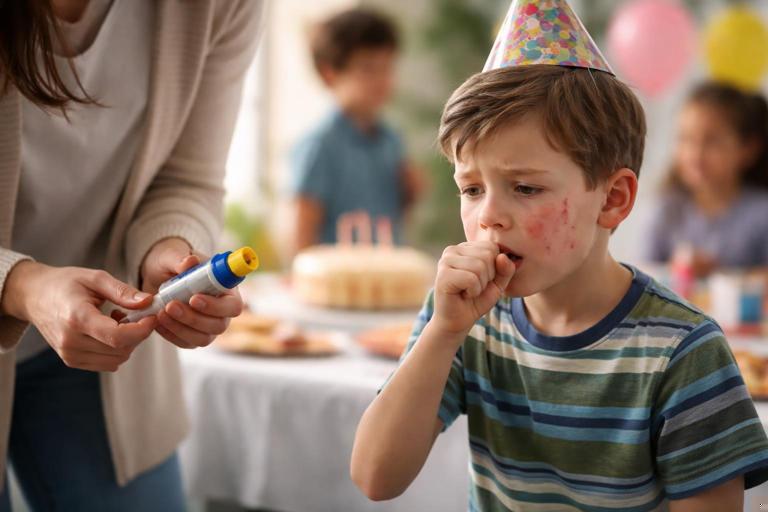 Scene at a child’s birthday party: a 7-year-old looking unwell with hives on the face and coughing, a caregiver preparing an epinephrine auto-injector, other children and party table blurred in background. Realistic, calm urgent mood, no text.