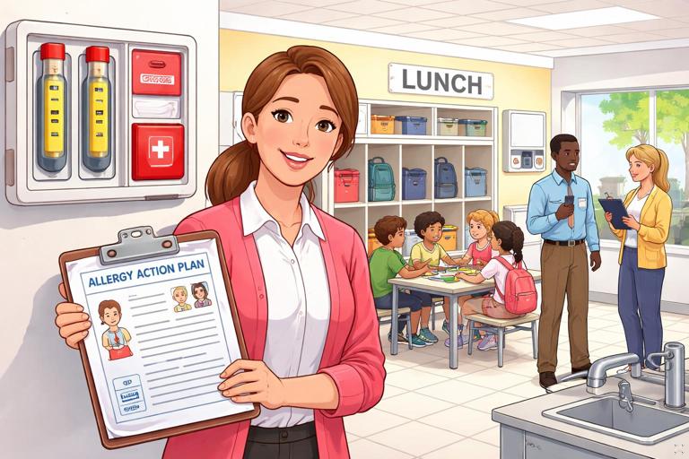 Illustration of a school preparedness scene: teacher with an allergy action plan clipboard, wall-mounted emergency kit with epinephrine auto-injectors, labeled lunch area with handwashing station, staff coordinating calmly. Clean modern school setting, educational style, no text.