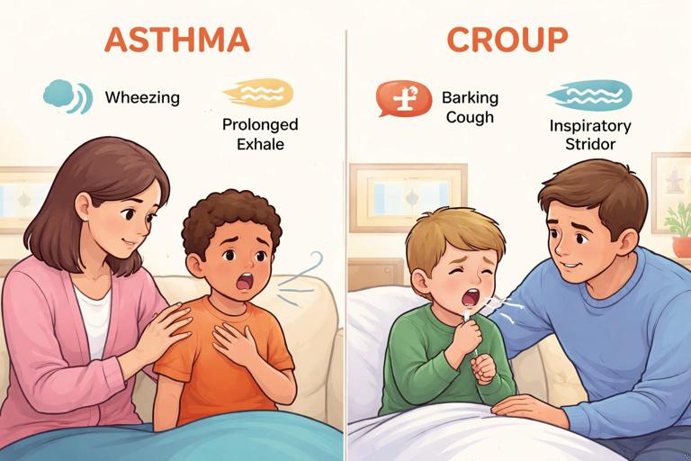 Illustration comparing asthma vs upper-airway breathing sounds in a child: split scene showing a child with wheezing and prolonged exhale labeled asthma, and a child with barking cough and inspiratory stridor labeled croup; calm caregiver present; clean medical infographic style, warm colors, high readability, no text blocks, pediatric context.