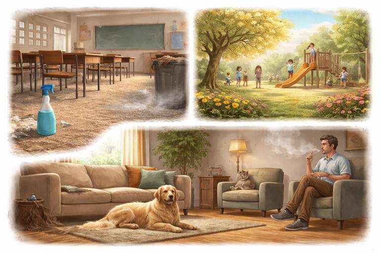 Pediatric asthma trigger scene collage: classroom with dusty carpet and cleaning spray, outdoor playground with pollen, home living room with pet dander and cigarette smoke haze; simple realistic illustration, soft lighting, no text, clear visual cues for triggers.