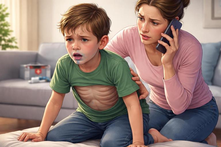 Urgent pediatric asthma warning signs illustration: caregiver observing child with severe retractions, tripod posture, bluish lips, and minimal wheeze; emergency context with phone calling for help; realistic yet sensitive medical illustration, no text, clear focus on breathing distress signs.