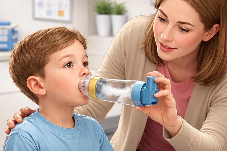 Close-up medical illustration of a child using an MDI with spacer correctly, showing medication puff entering spacer and child breathing calmly through mouthpiece; caregiver coaching; clean clinic background, realistic style, no text.