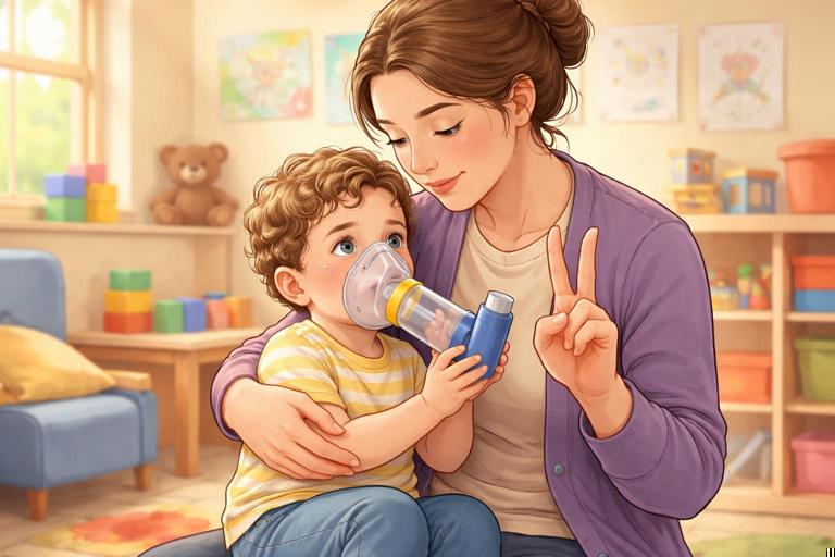 Daycare scene: caregiver calmly holding a frightened 3-year-old on their lap, using an inhaler with spacer and face mask; caregiver counting breaths, child gradually calming; warm, reassuring medical illustration, realistic, no text.