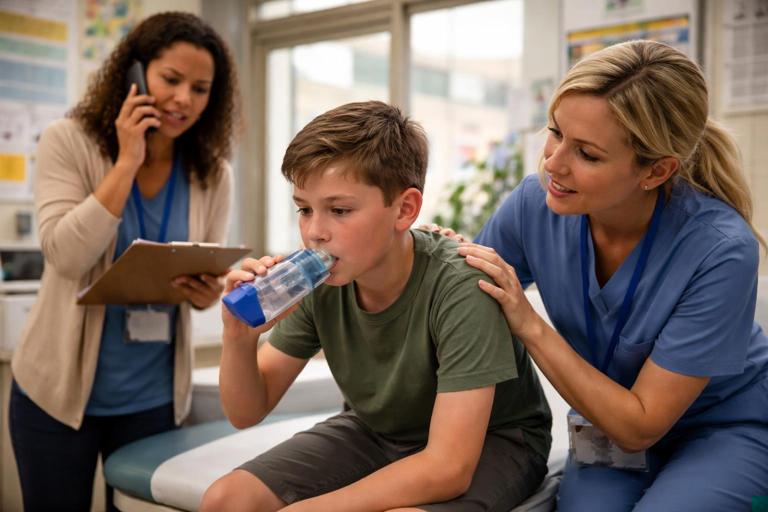 School playground or nurse office scene: staff supporting a 10-year-old sitting upright using spacer, child still breathless and leaning forward; another staff member calling emergency services and noting times; realistic, calm but urgent mood, no text.