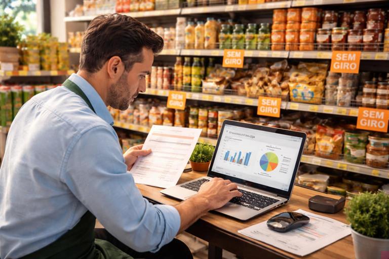 Ilustração realista de um pequeno comércio com prateleiras cheias e etiquetas de produtos sem giro, um gestor analisando uma planilha em um notebook com gráficos simples, cenário de loja organizada, luz natural, estilo editorial, alta definição