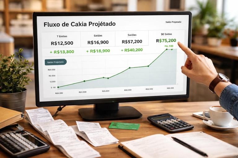Ilustração realista de um fluxo de caixa projetado em uma tela com colunas de entradas e saídas para 7, 14 e 30 dias, uma mão apontando para um gráfico de linha de saldo, mesa com recibos e cartão, ambiente de pequena empresa, estilo fotográfico