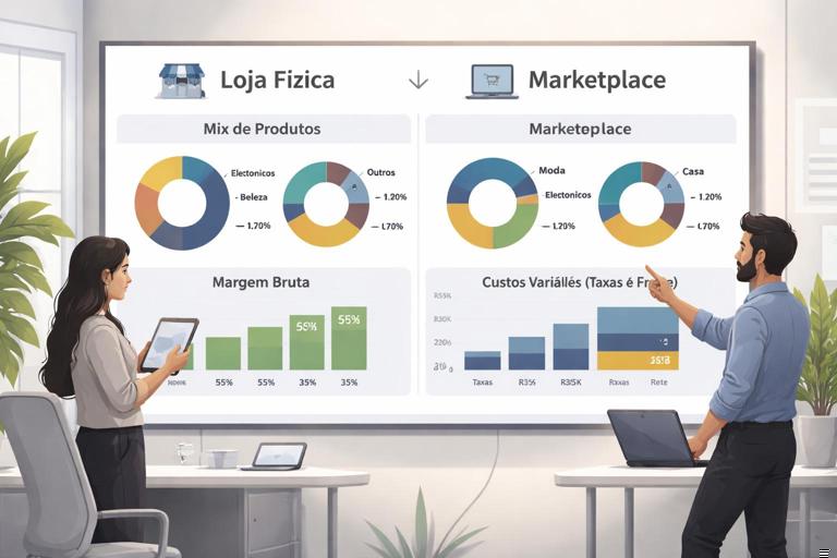 Ilustração editorial de análise de canais de venda: painel comparando Loja Física vs Marketplace, mostrando mix de produtos, margem bruta e custos variáveis (taxas e frete), gráficos lado a lado, estilo Power BI, ambiente de escritório, cores neutras, visual limpo e profissional