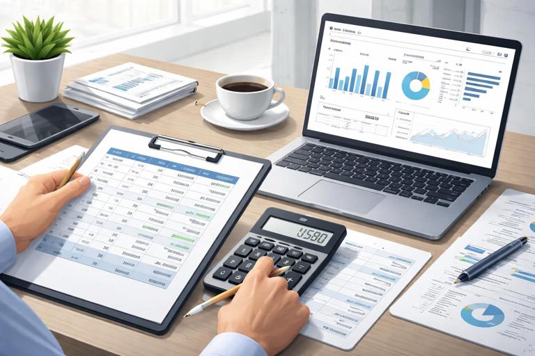 Ilustração editorial de auditoria de métricas: analista conferindo manualmente uma venda com calculadora e planilha, comparando quantidade x custo unitário, receita líquida e CMV, ao lado um dashboard aberto no notebook, visual limpo, estilo corporativo, alta nitidez, cores neutras