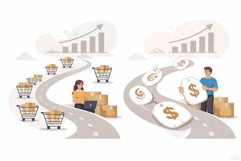 Ilustração editorial em estilo moderno e limpo mostrando dois caminhos para crescimento de vendas em um pequeno negócio: à esquerda muitos pedidos pequenos e à direita poucos pedidos maiores, com gráficos simples e ícones de carrinho e etiqueta de preço; paleta neutra, visual corporativo, sem texto