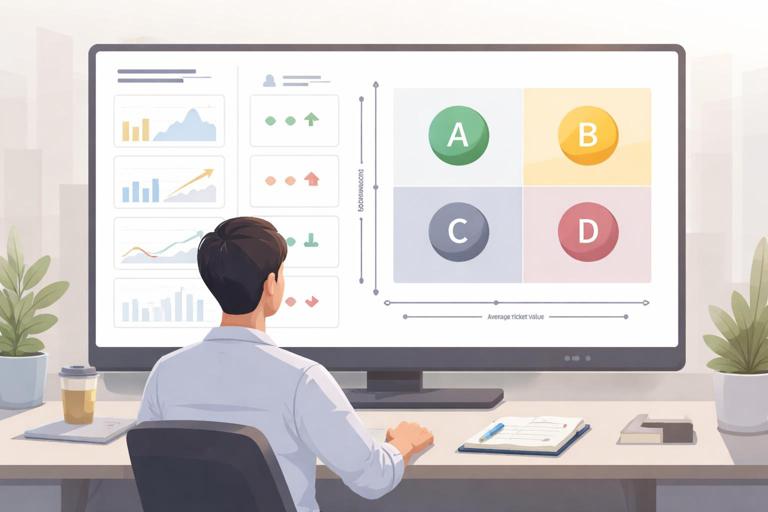 Ilustração de dashboard e matriz de diagnóstico com quatro quadrantes (A, B, C, D) comparando conversão e ticket médio, setas para cima e para baixo, estilo Power BI, design minimalista, cores discretas, sem texto legível, visão de analista olhando para a tela
