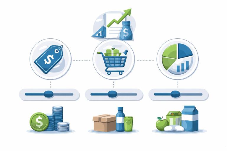 Ilustração infográfica com três alavancas explicando mudança de ticket médio: preço médio por item, itens por pedido e mix de categorias; ícones de etiqueta de preço, carrinho com itens e gráfico de pizza; estilo corporativo minimalista, cores sóbrias, sem texto legível