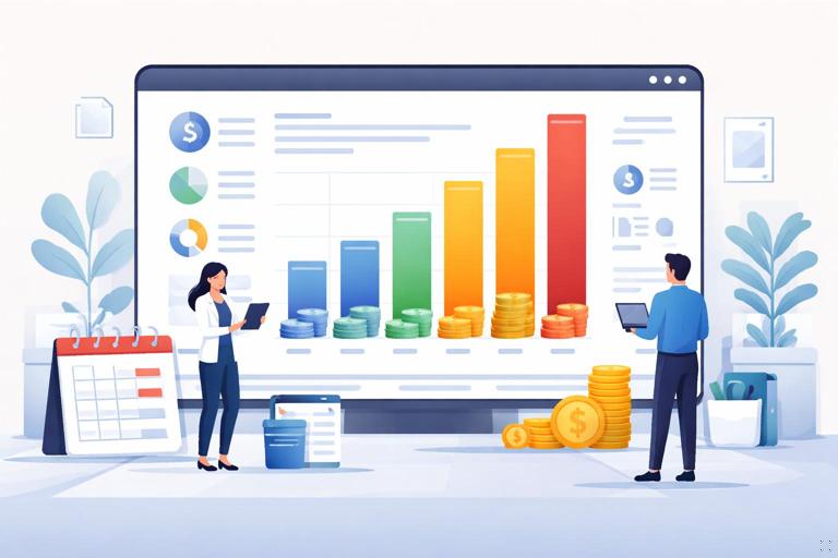 Ilustração editorial em estilo flat e corporativo de um dashboard financeiro com gráfico de barras por faixas de atraso (aging), cores progressivas do claro ao escuro, ícones de calendário e boletos, ambiente de escritório minimalista, alta resolução, sem texto legível