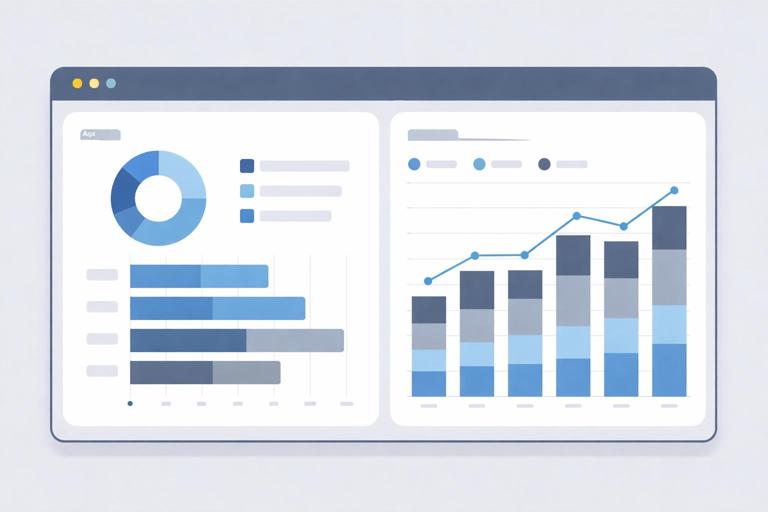 Dashboard de Power BI em estilo ilustração flat mostrando dois painéis lado a lado: snapshot com gráfico de aging por faixas e fluxo com colunas empilhadas de pagos em dia, pagos em atraso e não pagos, paleta azul e cinza, layout limpo, sem texto legível, alta resolução