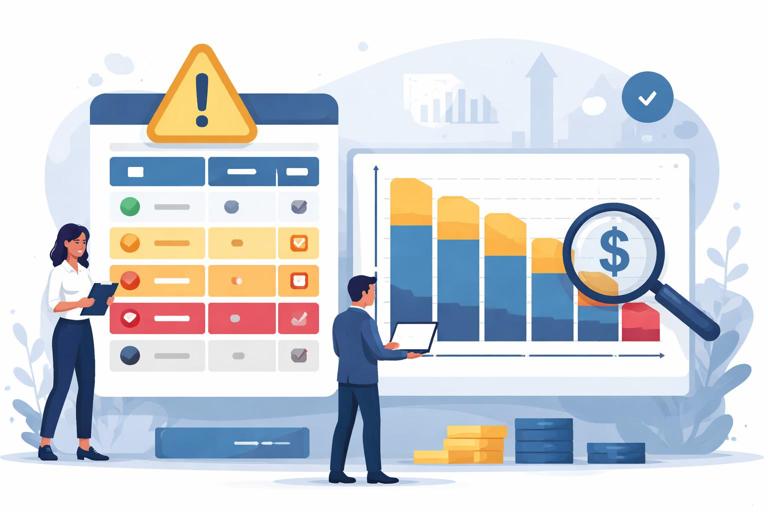 Ilustração corporativa de análise de risco de caixa: tabela com faixas de atraso e pesos de risco, indicador de alerta, gráfico mostrando saldo ponderado, estilo flat moderno, cores sóbrias, sem texto legível, alta resolução
