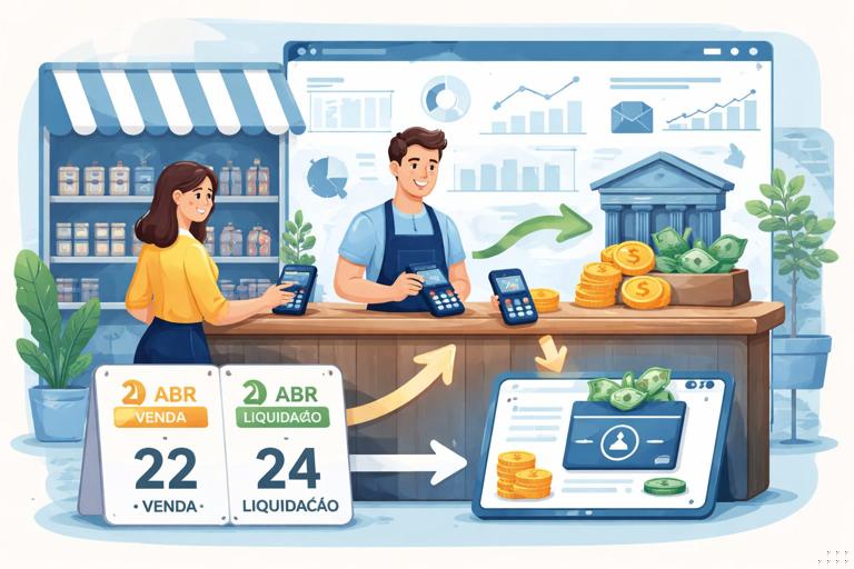 Ilustração em estilo flat e corporativo de um pequeno comércio usando maquininhas de cartão e celular com PIX, com um calendário mostrando duas datas diferentes (data da venda e data de liquidação), setas indicando o dinheiro entrando na conta bancária; cores sóbrias, visual de dashboard financeiro ao fundo.