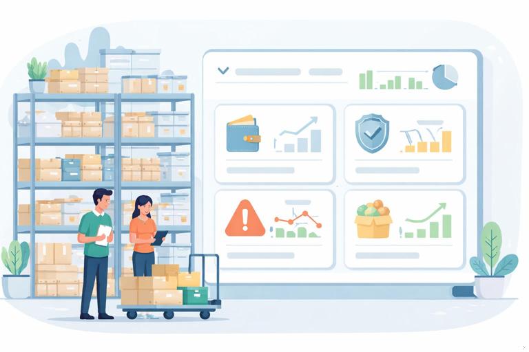 Ilustração em estilo infográfico para pequenos negócios: prateleiras de estoque e um painel de indicadores com quatro cards destacados: saldo, cobertura, ruptura e excesso; cores claras, visual limpo, foco em tomada de decisão e gestão de estoque, sem textos legíveis, formato 16:9.