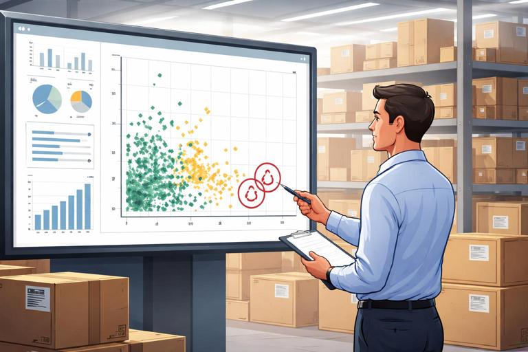Ilustração de analista de varejo olhando um gráfico de dispersão em um dashboard, identificando pontos com alta cobertura e baixa margem; ao fundo, estoque com caixas e etiquetas; estilo corporativo moderno, sem textos legíveis, 16:9.
