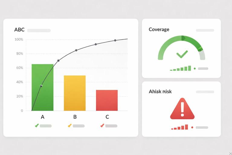Dashboard de Power BI com curva ABC (barras A, B, C) ao lado de um indicador de cobertura e alerta de risco de ruptura; estilo clean e profissional, cores neutras com destaques vermelho/amarelo/verde, sem textos legíveis, 16:9.
