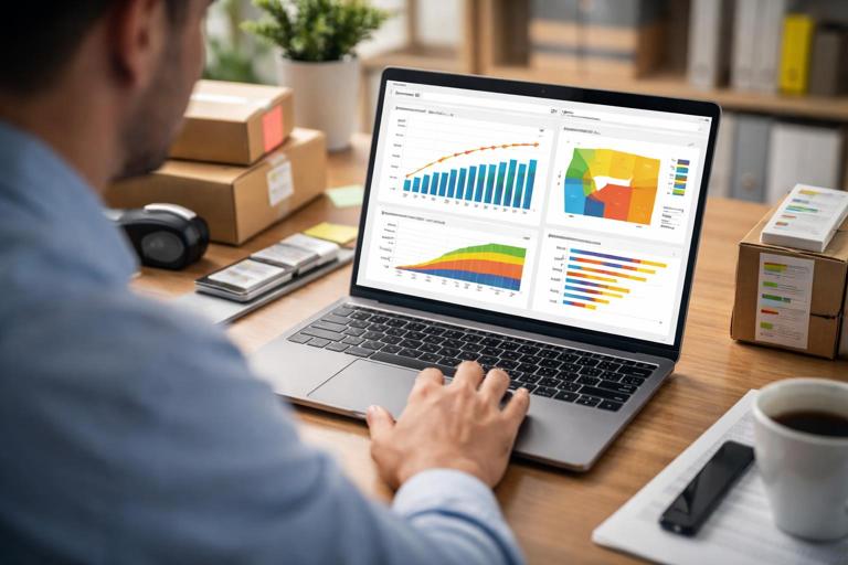 Cena de escritório com analista olhando um dashboard no Power BI em um notebook, com gráficos de Pareto, matriz ABC e um ranking de prioridade de compra; ao lado, caixa de produtos e etiquetas de estoque; estilo foto-realista, iluminação suave, sem textos legíveis, foco em visualização de dados e contexto de varejo.