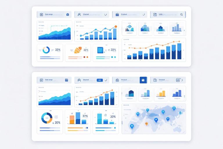 Ilustração em estilo flat moderno de um dashboard de BI com gráficos e KPIs, com controles de filtro visíveis (slicers) para período, canal, produto e unidade; um mesmo gráfico mudando ao aplicar filtros; cores sóbrias, aparência profissional, sem textos legíveis