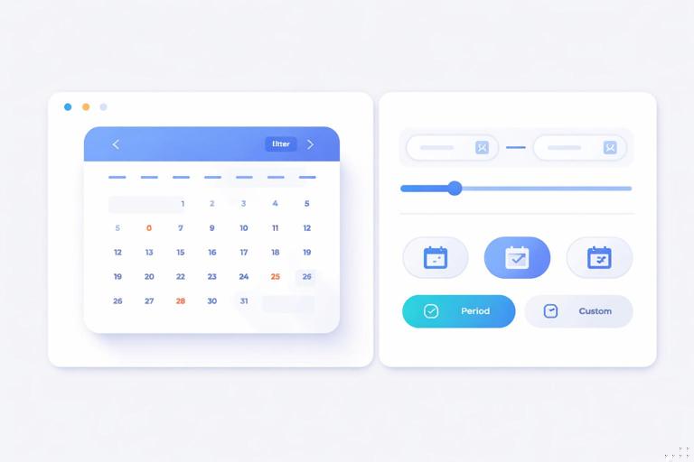 Ilustração de um calendário e um controle deslizante de datas em um dashboard, com opções de período como mês atual e últimos 7 dias representadas por botões; estilo flat, profissional, sem textos legíveis, foco em UI de filtros de tempo