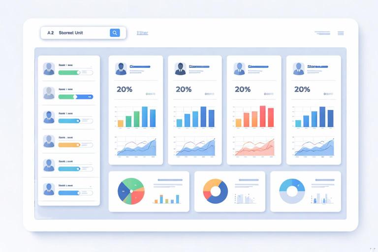 Ilustração de um dashboard comparando múltiplas unidades (lojas) com um ranking e gráficos lado a lado; um controle de filtro de unidade destacado; estilo corporativo, flat, sem textos legíveis, foco em comparação entre filiais