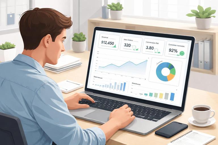 Ilustração em estilo clean e corporativo de uma pessoa analisando um dashboard simples e claro em um laptop, com cartões de indicadores no topo e poucos gráficos bem organizados, sensação de leitura rápida e decisão imediata, cores neutras com um destaque, ambiente de escritório pequeno negócio, alta nitidez