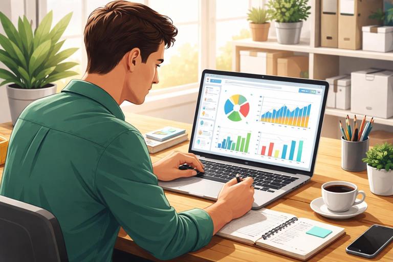 Ilustração em estilo editorial corporativo: uma pessoa analisando um dashboard em um laptop, com gráficos e indicadores, transformando números em decisões; ambiente de pequeno negócio, mesa de trabalho, luz natural, visual limpo e moderno, sem textos legíveis.