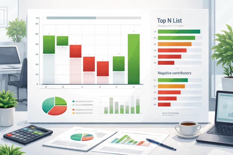 Cena analítica em estilo infográfico editorial: gráfico de cascata e lista Top N destacando contribuintes positivos e negativos para um resultado financeiro, com barras verdes e vermelhas, ambiente de escritório, visual limpo, sem textos legíveis.
