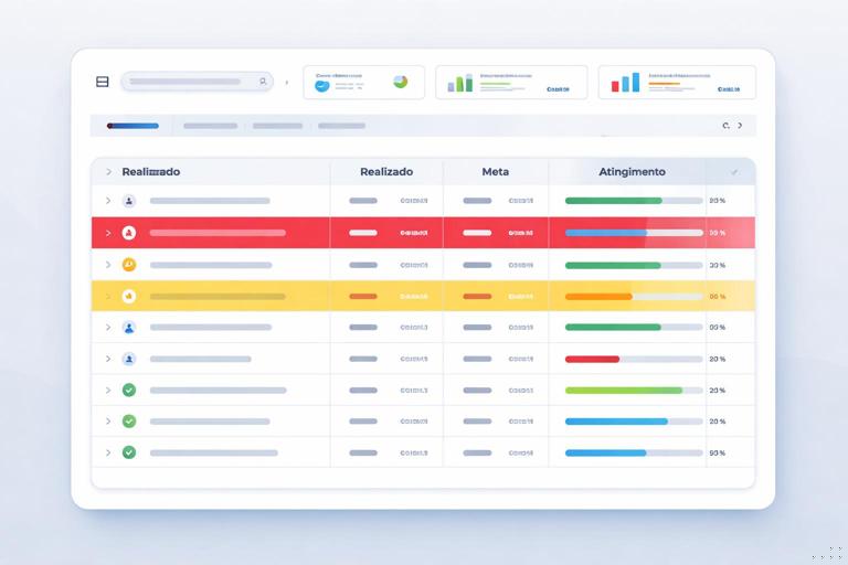Ilustração de um dashboard com uma tabela de exceções destacando linhas em vermelho e amarelo, colunas de realizado, meta e atingimento, estilo clean corporativo, foco em rotina diária de acompanhamento, sem textos legíveis.