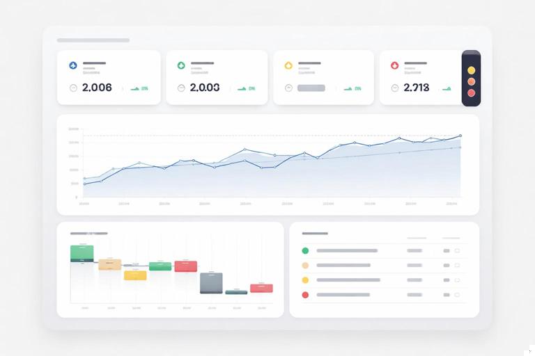 Layout de dashboard em três faixas para narrativa: topo com cartões KPI e semáforo, centro com gráfico de tendência e linha de meta, base com waterfall/top contribuintes e tabela de alertas; estilo moderno minimalista, cores neutras, sem textos legíveis, vista frontal.