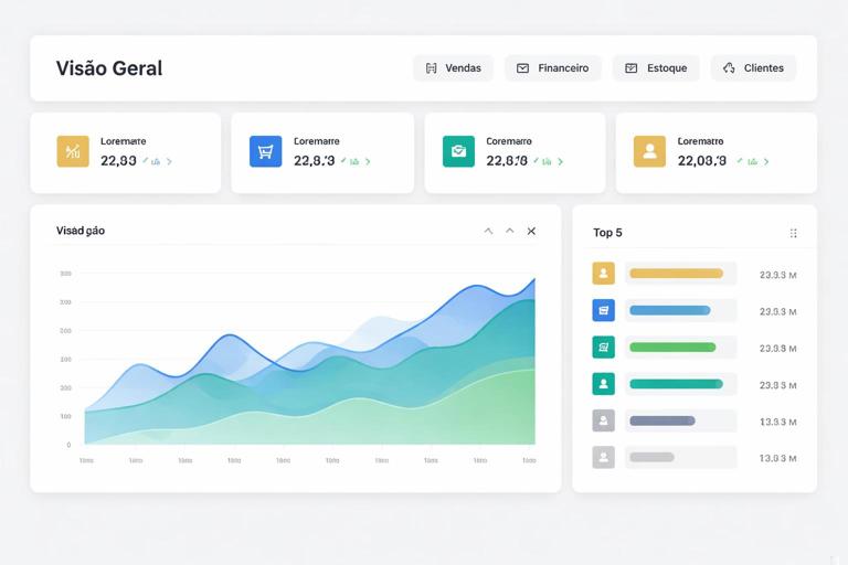 Tela de dashboard corporativo estilo Power BI com layout de Visão Geral: cabeçalho com título, período e botões de navegação para Vendas, Financeiro, Estoque e Clientes; linha de KPIs; gráfico de tendência; ranking Top 5; paleta neutra com destaque; design limpo e moderno; sem textos legíveis na imagem.