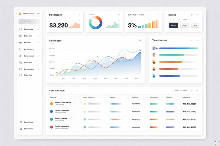 Ilustração de um dashboard de Vendas em estilo Power BI: KPIs no topo, gráfico de linha de tendência à esquerda, ranking em barras à direita com opção de alternância, tabela detalhada na parte inferior; filtros laterais; layout limpo, moderno, cores neutras com destaque; sem texto legível.