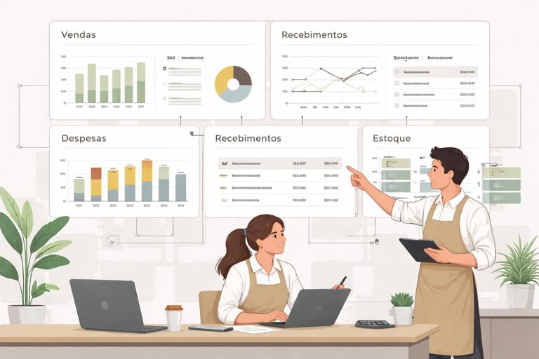 Ilustração em estilo clean e moderno de um pequeno negócio com um painel de dashboard ao fundo dividido em quatro blocos: Vendas, Despesas, Recebimentos e Estoque; elementos de tabelas e conexões (linhas) indicando modelagem de dados; paleta neutra, visual corporativo, alta legibilidade
